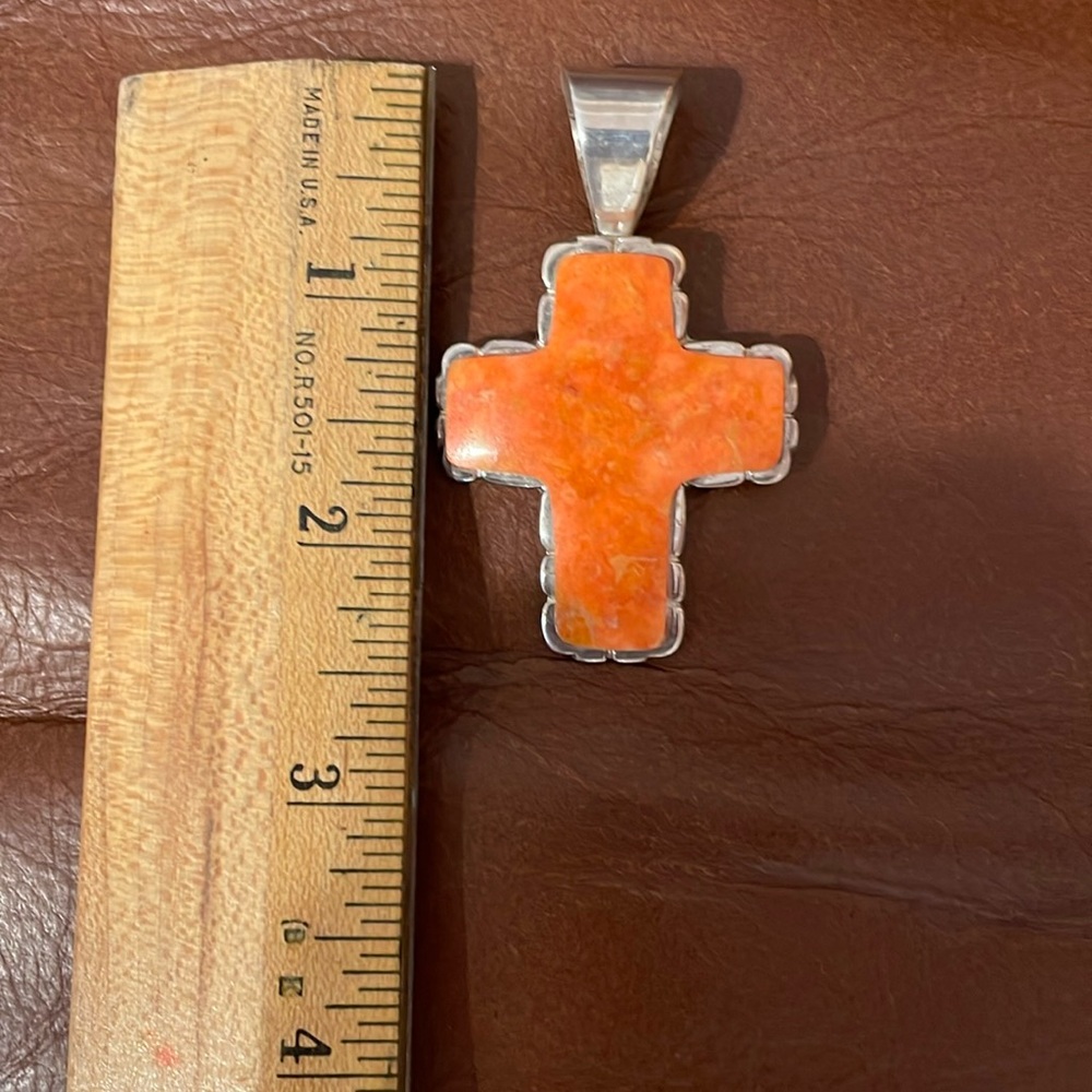 Jay King beautiful orange coral cross, set in  silver with x large bail.